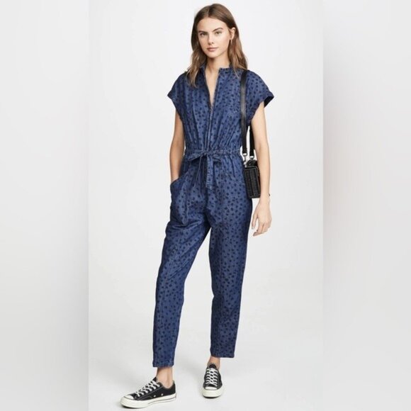 Rebecca Taylor LA VIE Le Faune Blue & Black Print Denim Jumpsuit Size XSmall - Picture 1 of 14